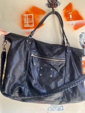 Big Gucci Black leather canvas Tote Bag crossbody